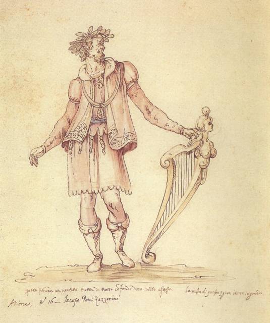 Iacopo Peri jako postać z intermezza La Pellegrina (1589) na szkicu Bernarda Buontalentiego, domena publiczna
