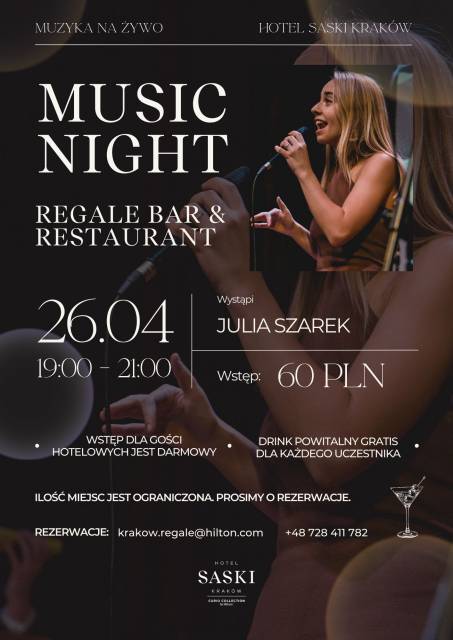 Music Night: Julia Szarek w Hotelu Saski Kraków